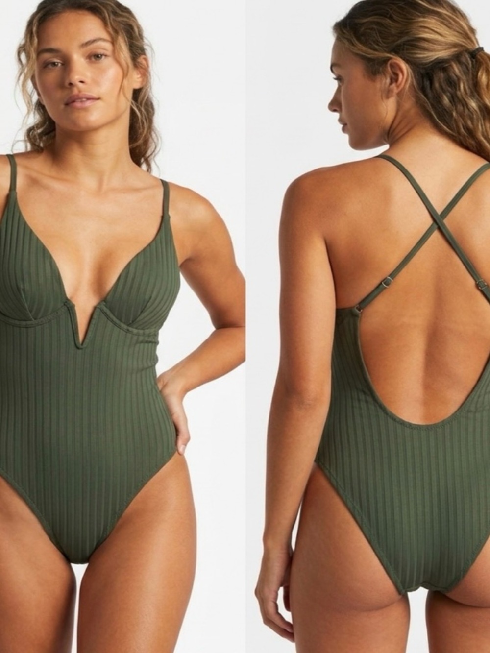 Shade & Shore Olive Ribbed V-Notch One-Piece Swimsuit